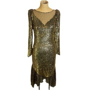 Vintage 1980s New Leaf By Samir Gown Dress‎ Formal Gold Metallic Sequin Sz 7/8